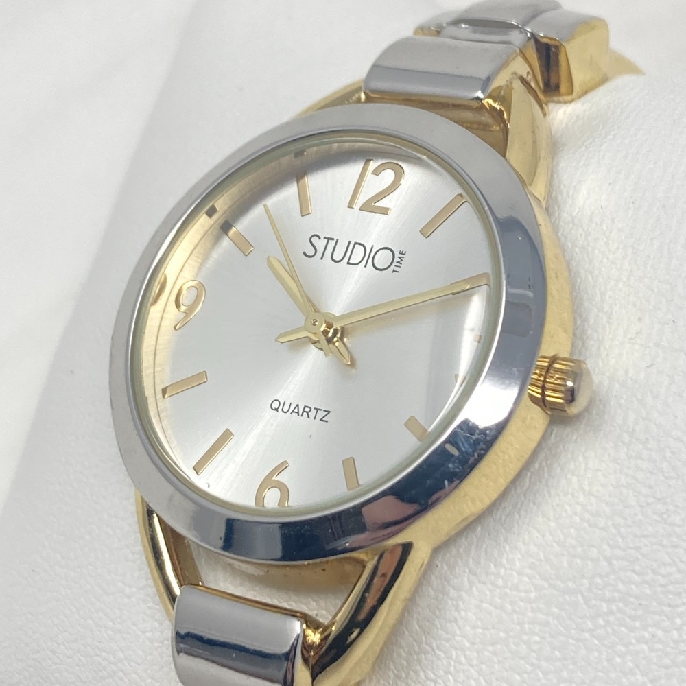 Studio Time Womens Watch 32mm Silver Gold Two Tone Hinged Cuff New Battery 6.25"